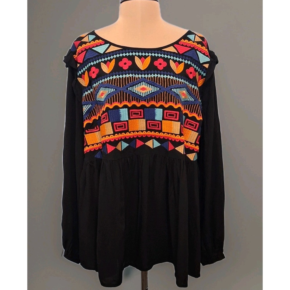 New Savanna Jane Womens Boho Embroidered Peasant Blouse Multi-Colored Flowy 1X‎